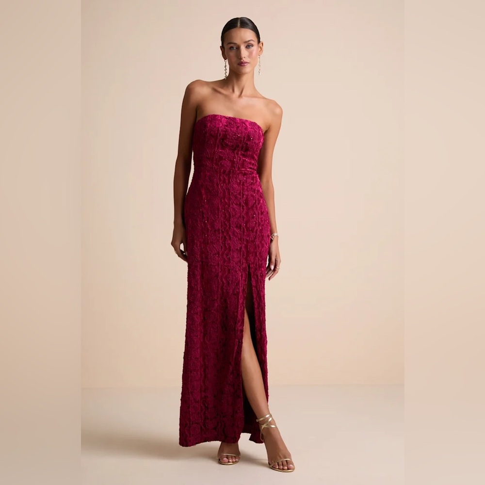 Elegant Strapless Burgundy Velvet‎ Floral Applique Lace Dress - Lulu's
